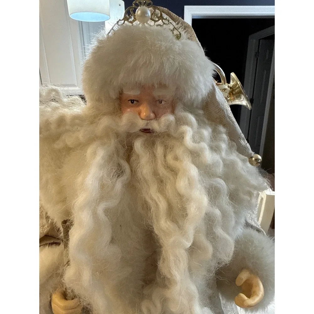 20 Inch Elegant White Gold Santa Claus Figurine Brocade Coat Faux Fur Trim Decor